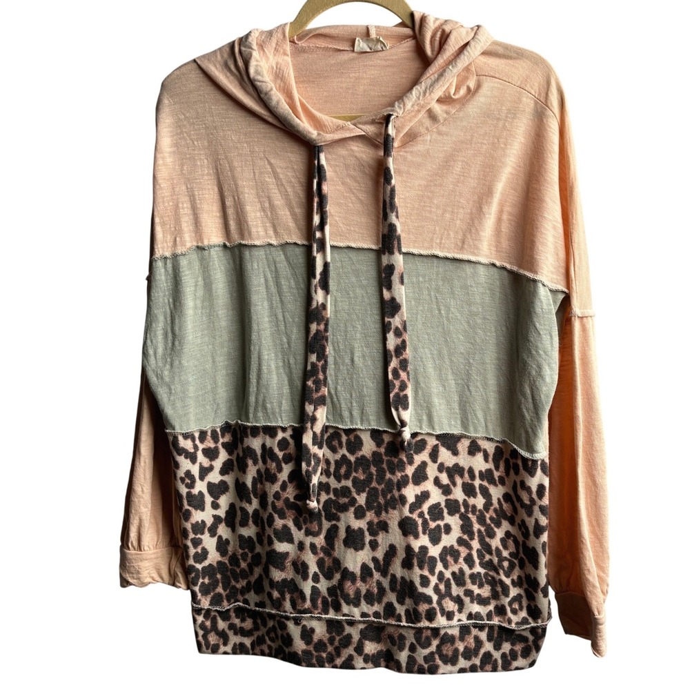 Womens Pink Green Leopard Colorblock Dolman Sleeve Sweatshirt Cotton Blend M USA